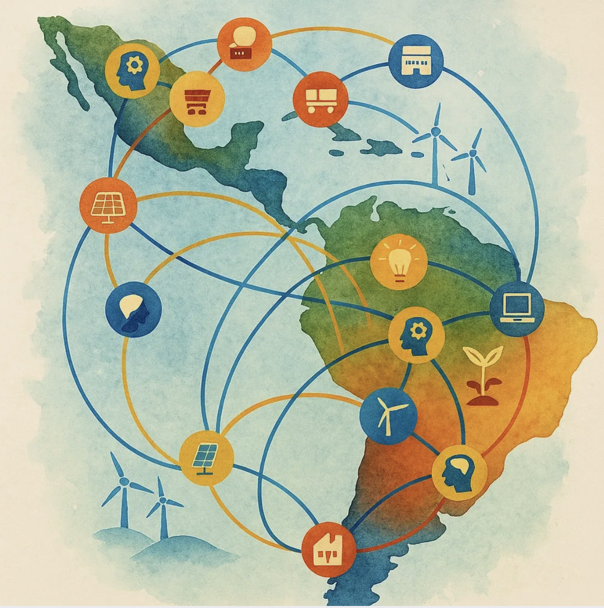 Illustrated map of Latin America and the Caribbean showing interconnected icons for energy, technology, trade, ideas, and production linked by network lines.